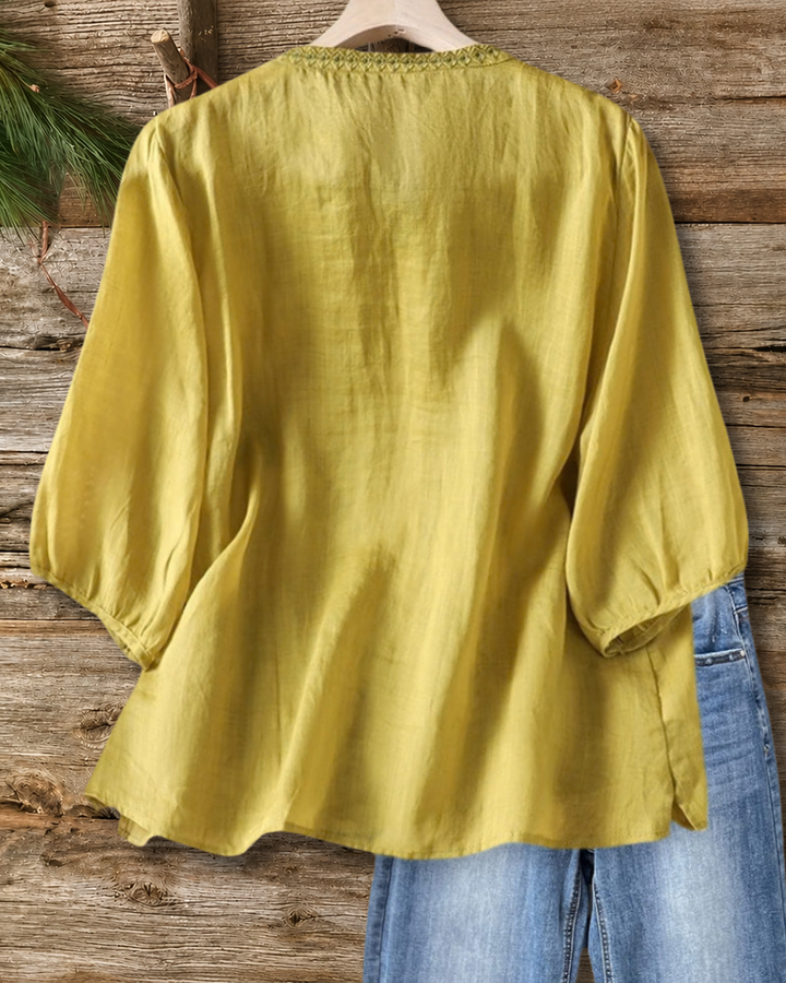 Floral Embroidery V Neck Button Front 3/4 Sleeve Comfortable Blouse
