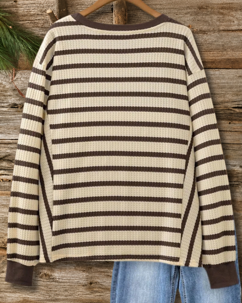 Striped Waffle Knit Crew Neck Long Sleeve Casual Sweatshirt