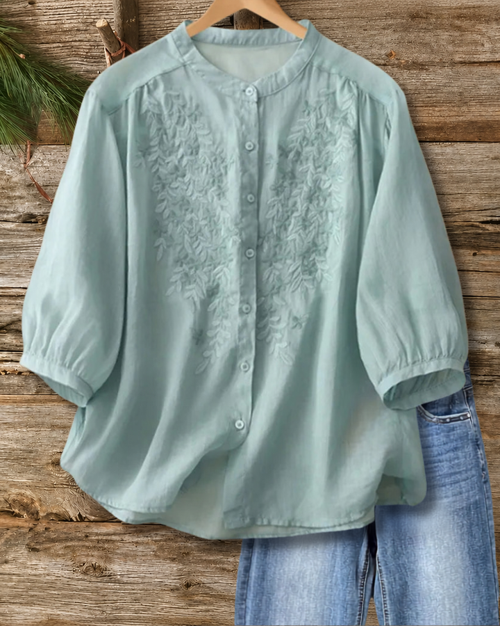 Mandarin Collar Embroidered Button Front 3/4 Sleeve Loose Blouse
