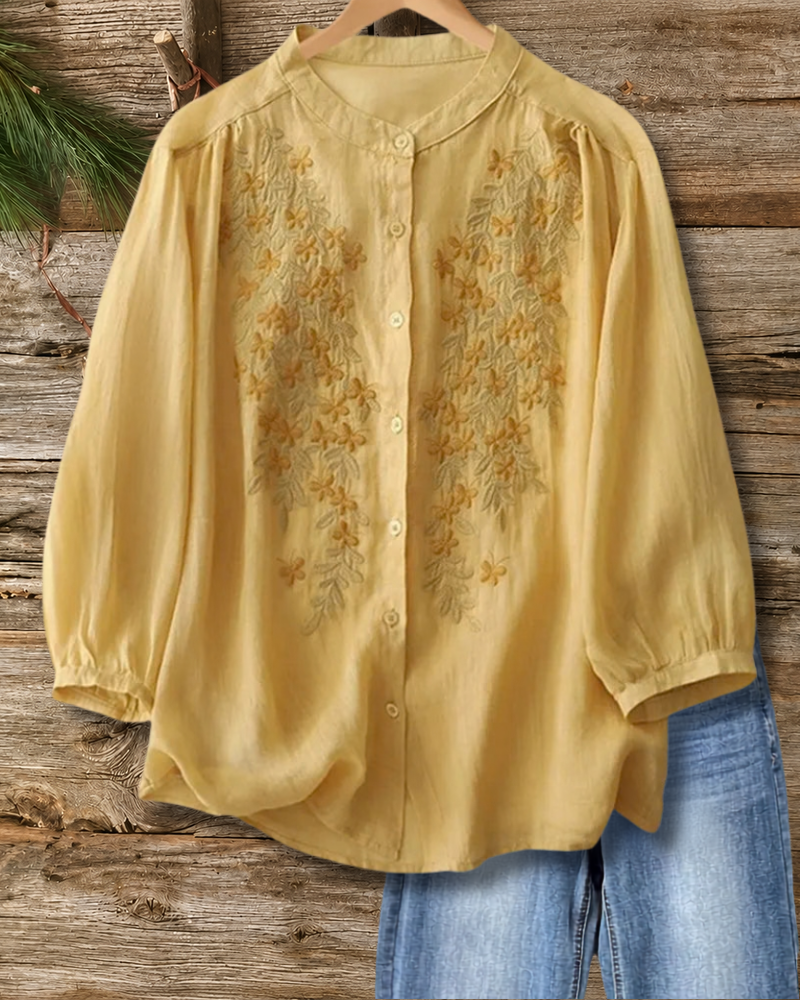 Mandarin Collar Embroidered Button Front 3/4 Sleeve Loose Blouse