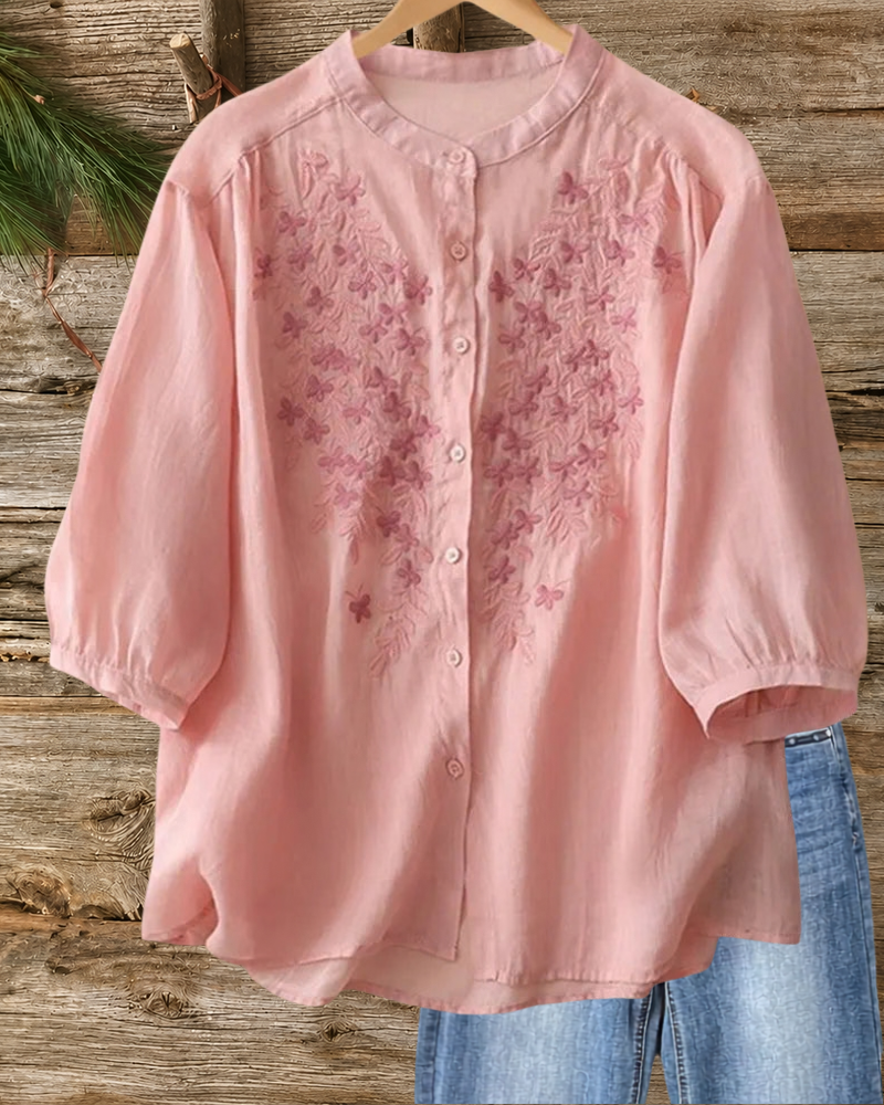 Mandarin Collar Embroidered Button Front 3/4 Sleeve Loose Blouse
