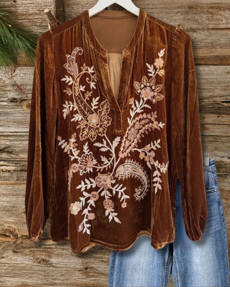 Velvet Floral Embroidery V Neck Blouse