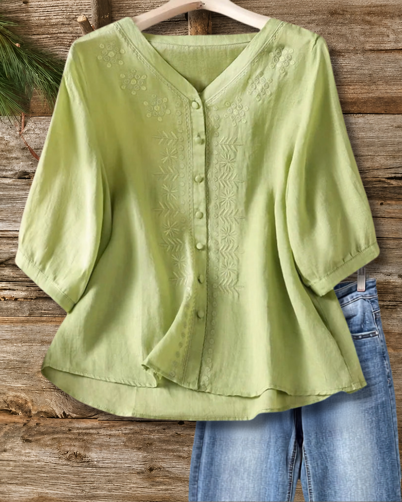 V Neck Floral Embroidery Button Front 3/4 Sleeve Flowy Blouse