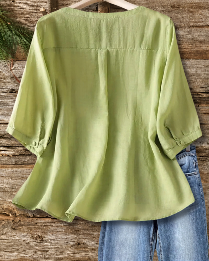 V Neck Floral Embroidery Button Front 3/4 Sleeve Flowy Blouse