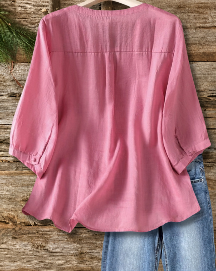 V Neck Floral Embroidery Button Front 3/4 Sleeve Flowy Blouse