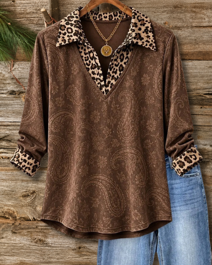 Paisley Print Leopard Collar Chic Blouse