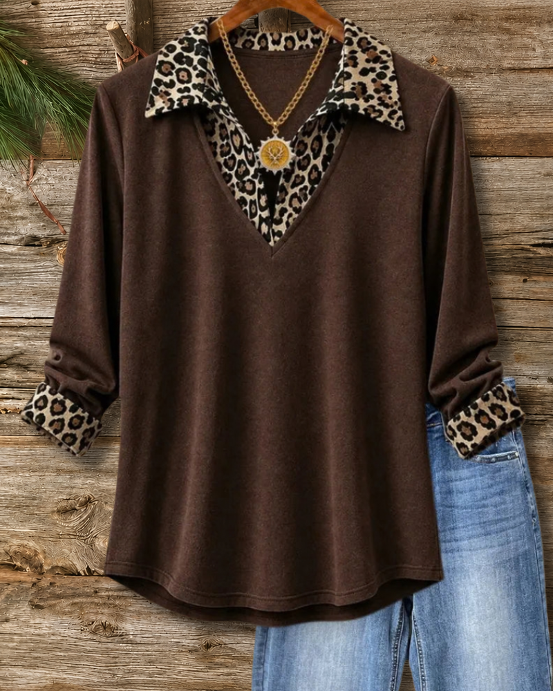 Paisley Print Leopard Collar Chic Blouse