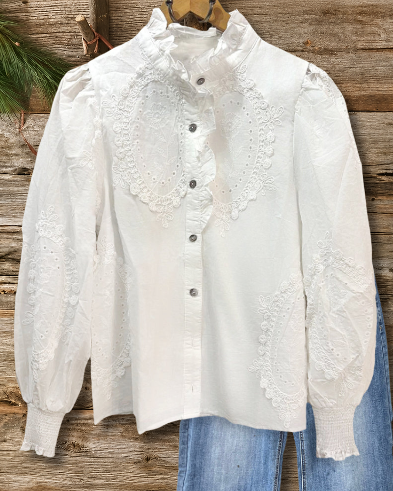 Solid Color Floral Applique Glamorous Ruffles Trim Button Up Blouse