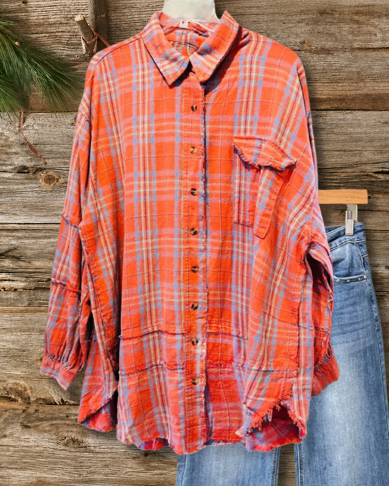 Plaid Patch Pocket Boyish Button Down Frayed Shirt