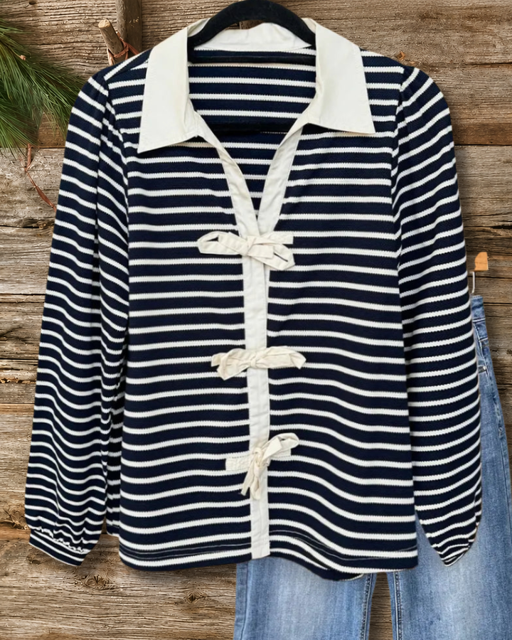 Striped Bow Tie Front Chic Sweatshirt