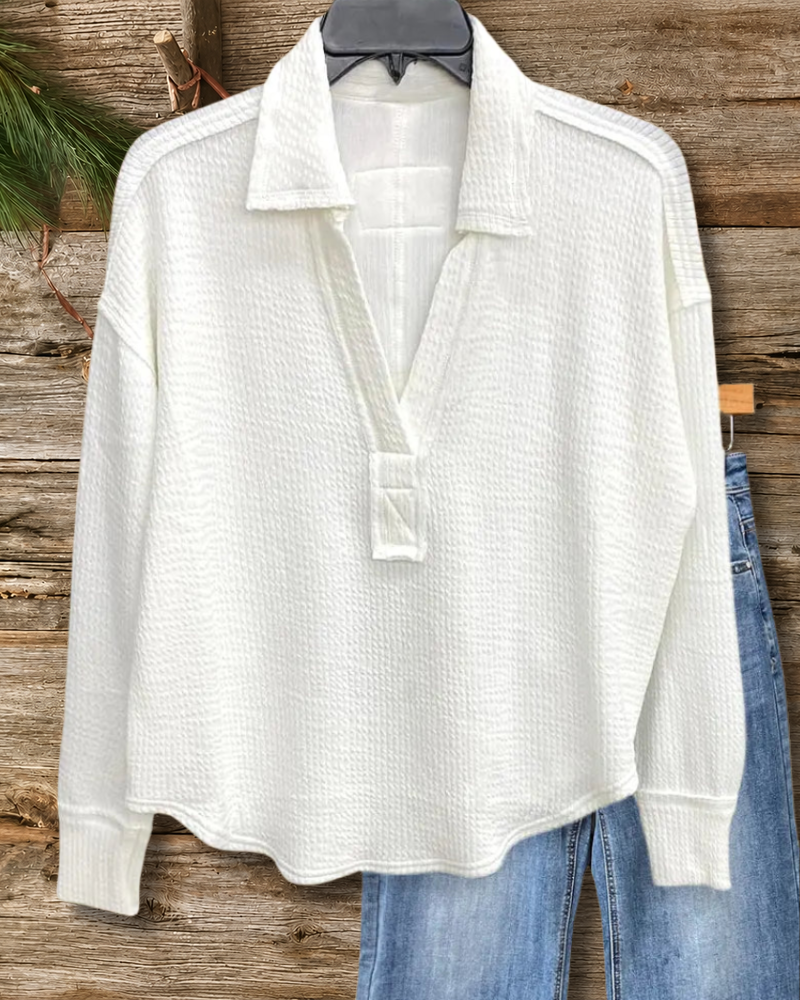 Solid Color Textured V Neck Commuting Shirt