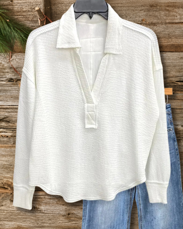 Solid Color Textured V Neck Commuting Shirt