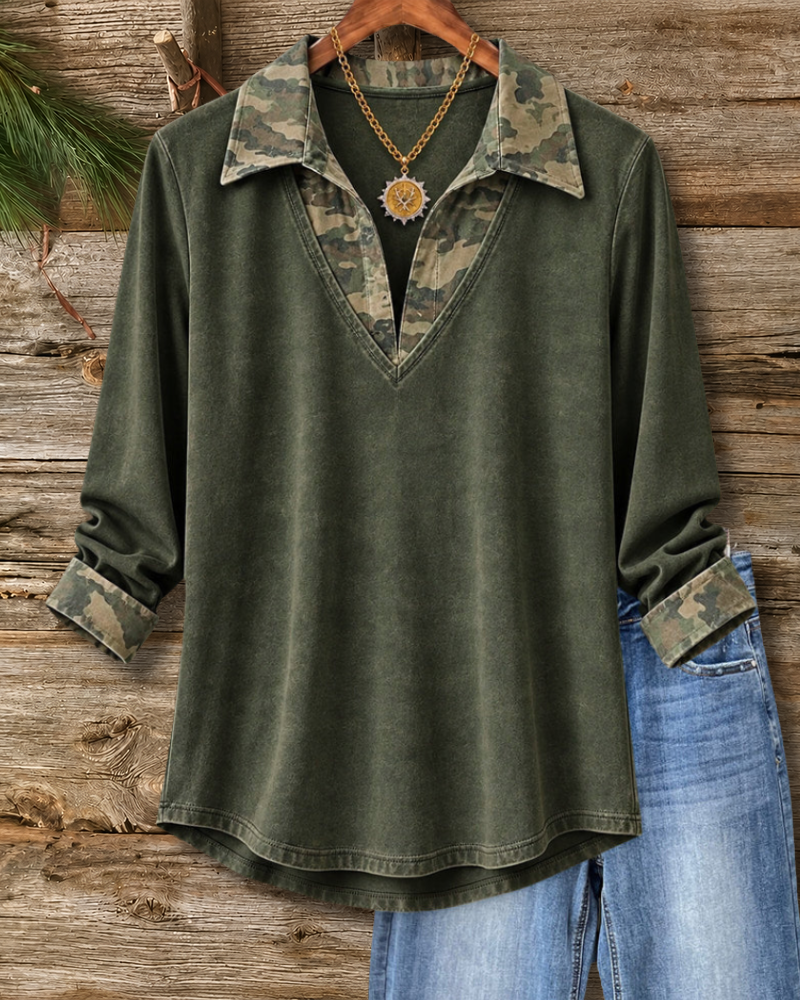 V Neck Camo Trim Rolled Cuff Top