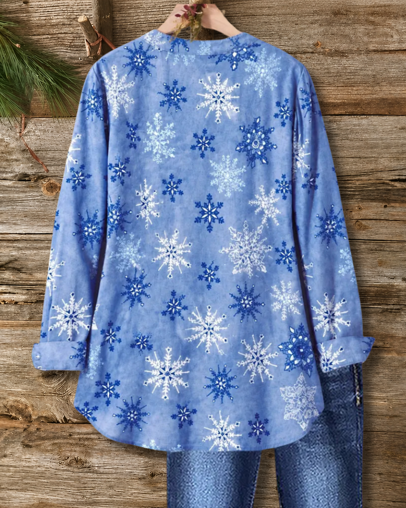 Snowflake Print Pleated Front Button Blouse