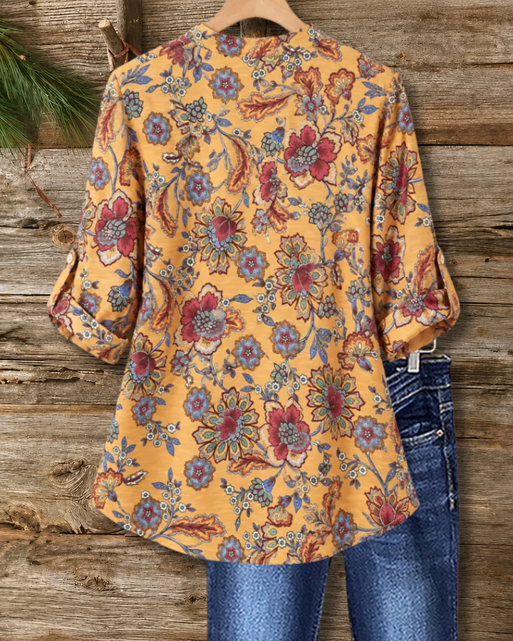 Pleated Front Floral Print 3/4 Sleeve Blouse