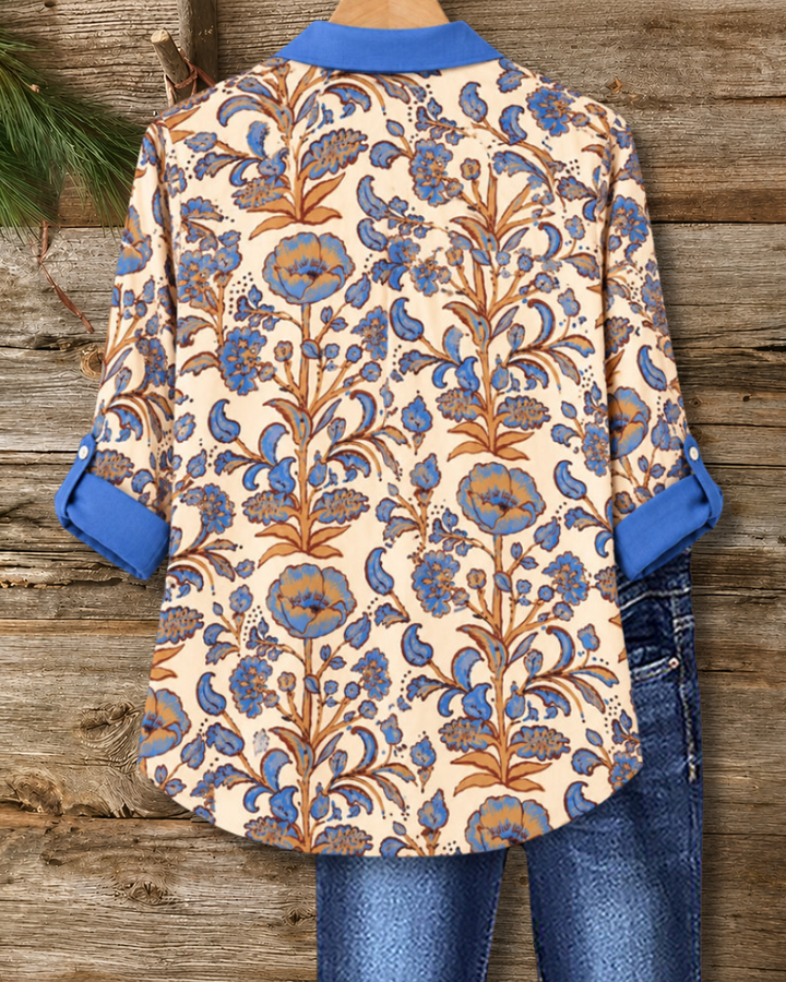 Contrast Collar Floral Print Roll Tab Button Shirt