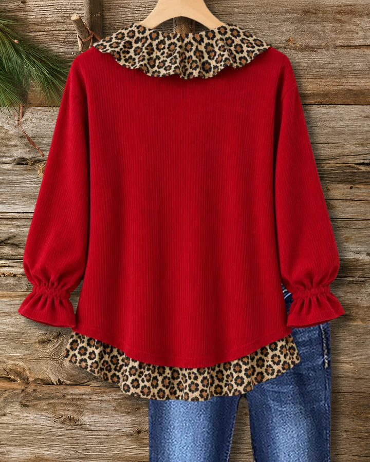 Leopard Trim Ruffled Neck Layered Hem Blouse