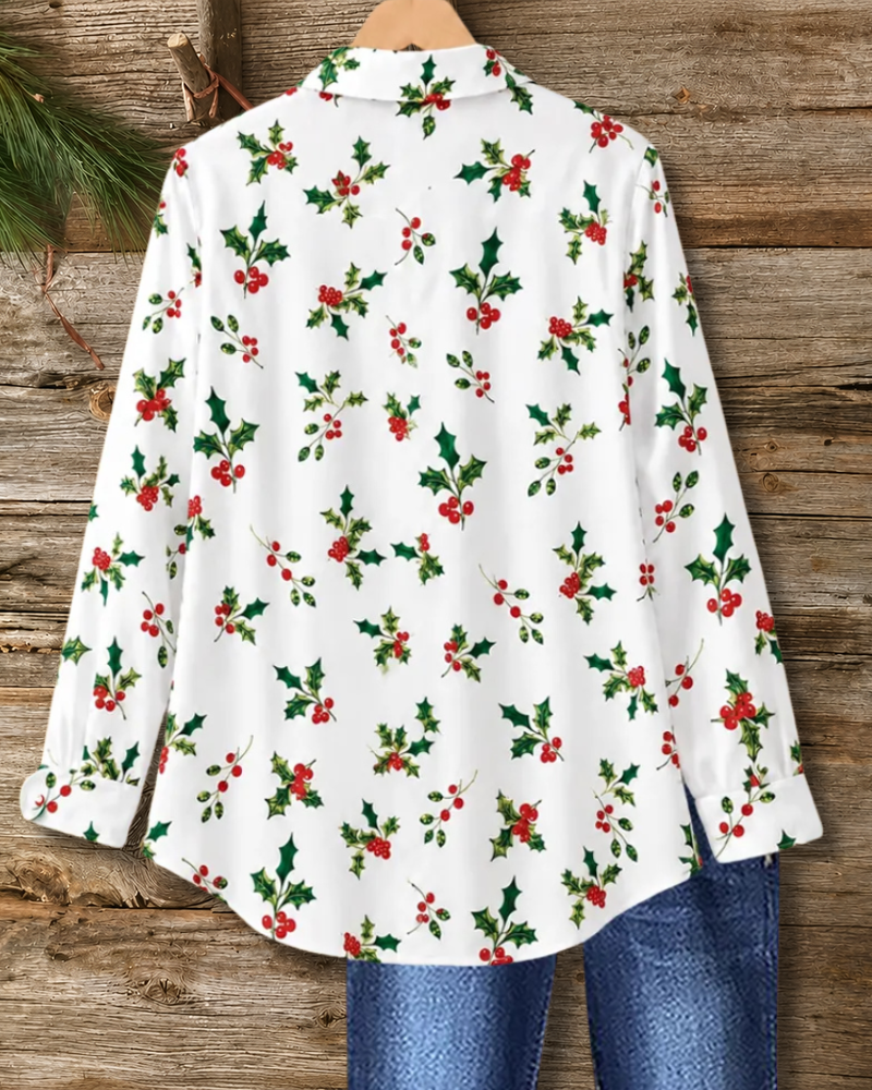 Lapel Button Front Holly Print Shirt