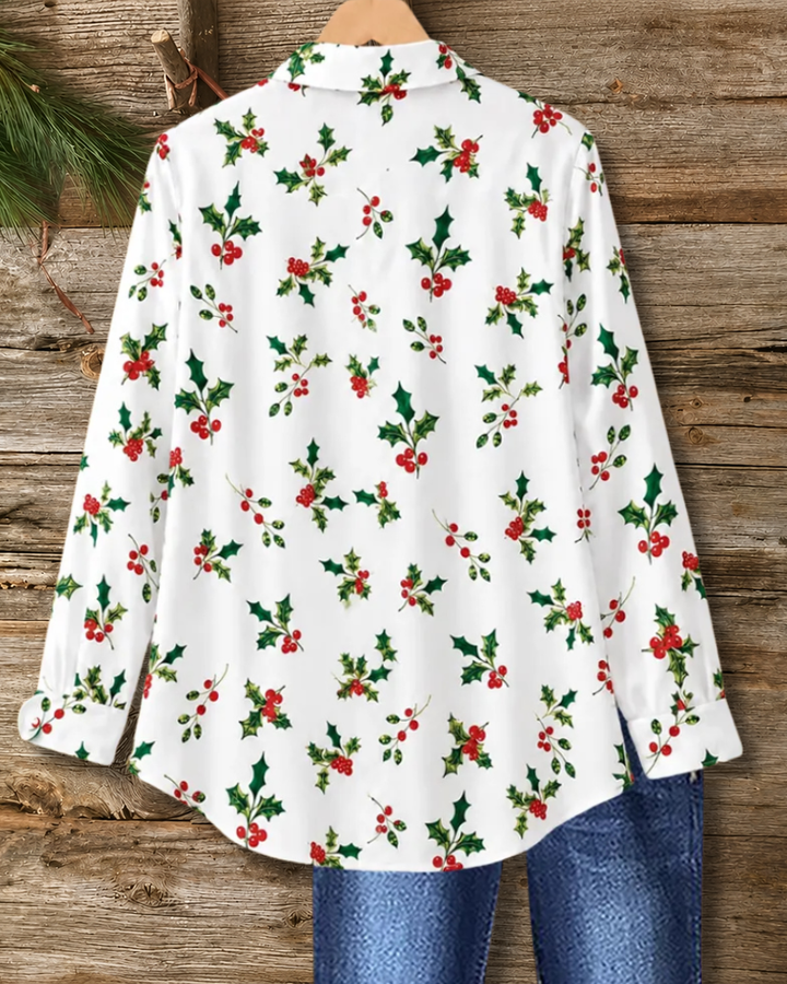 Lapel Button Front Holly Print Shirt