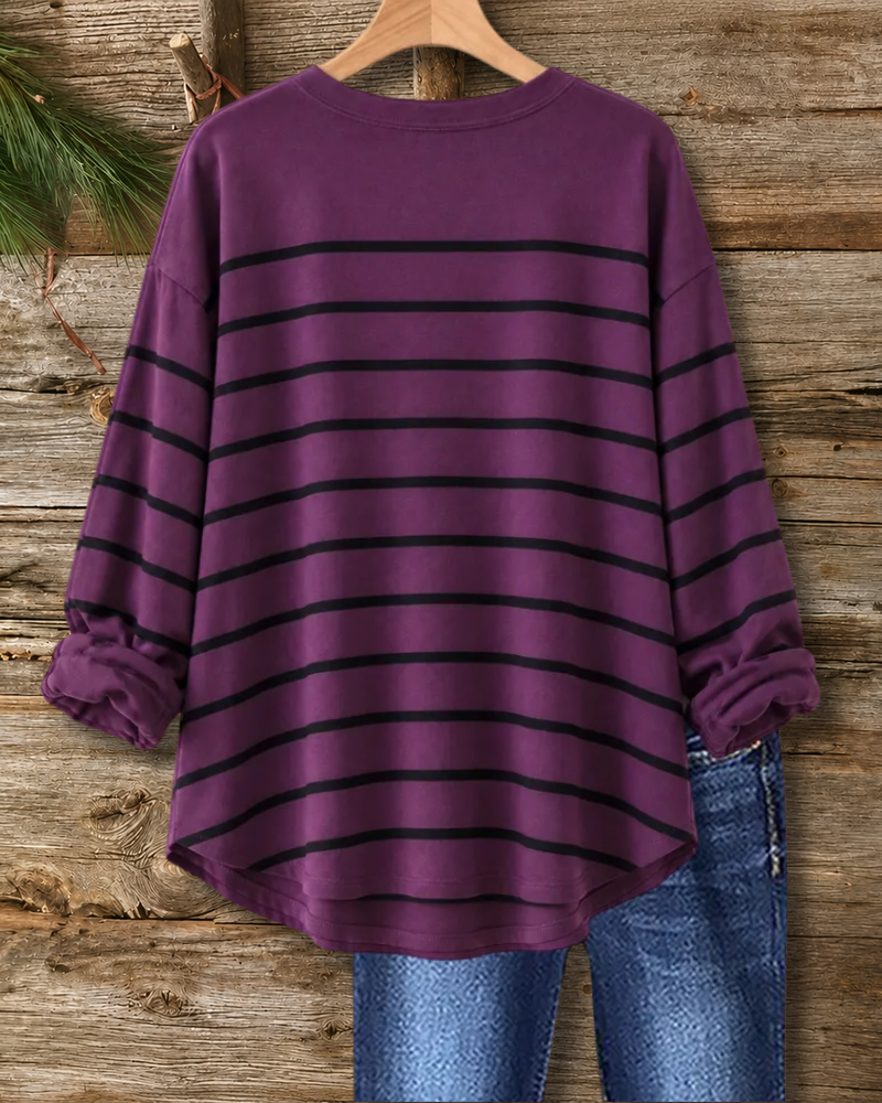 Striped Button Placket Curved Hem Top