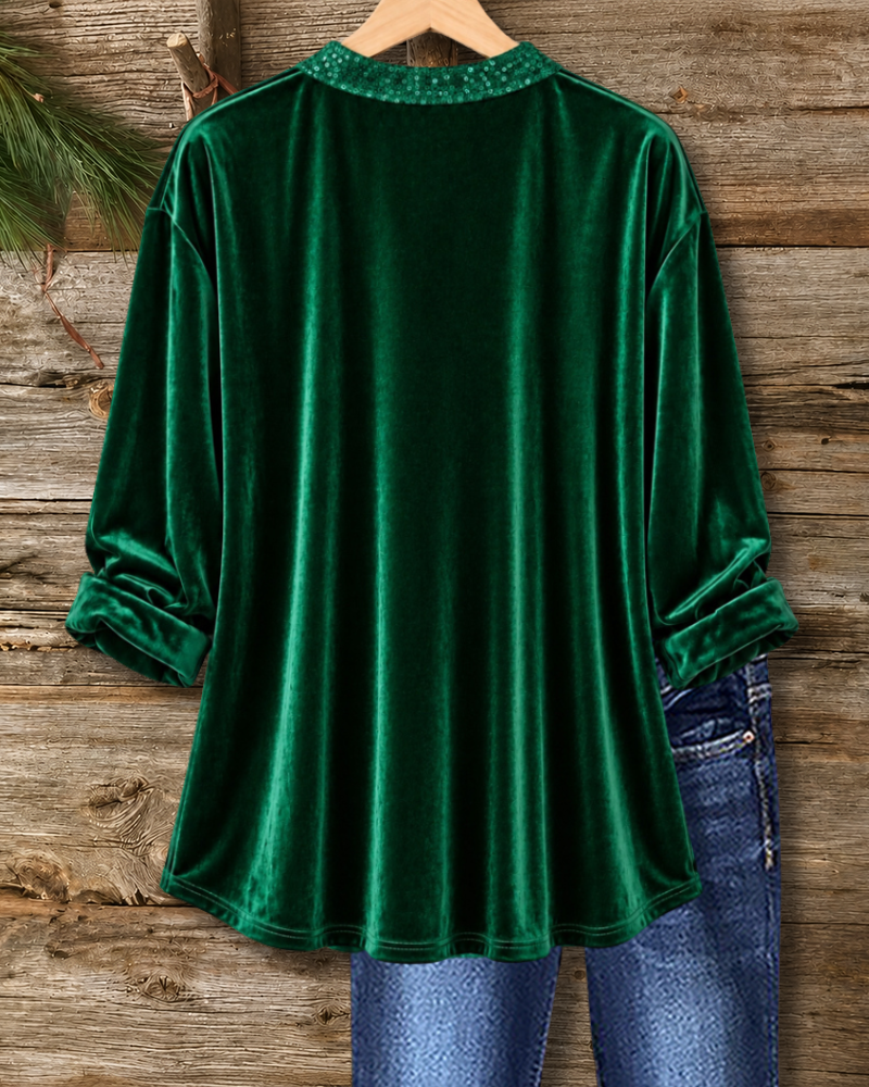 V Neck Sequin Placket Velvet Blouse