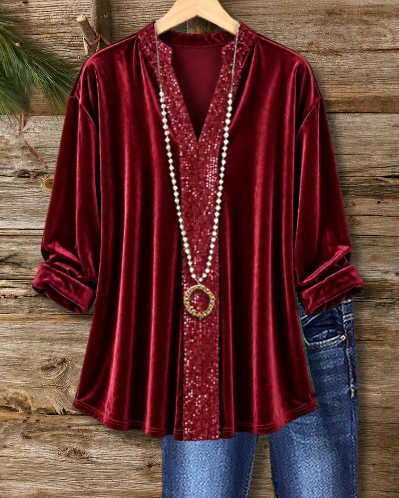 V Neck Sequin Placket Velvet Blouse