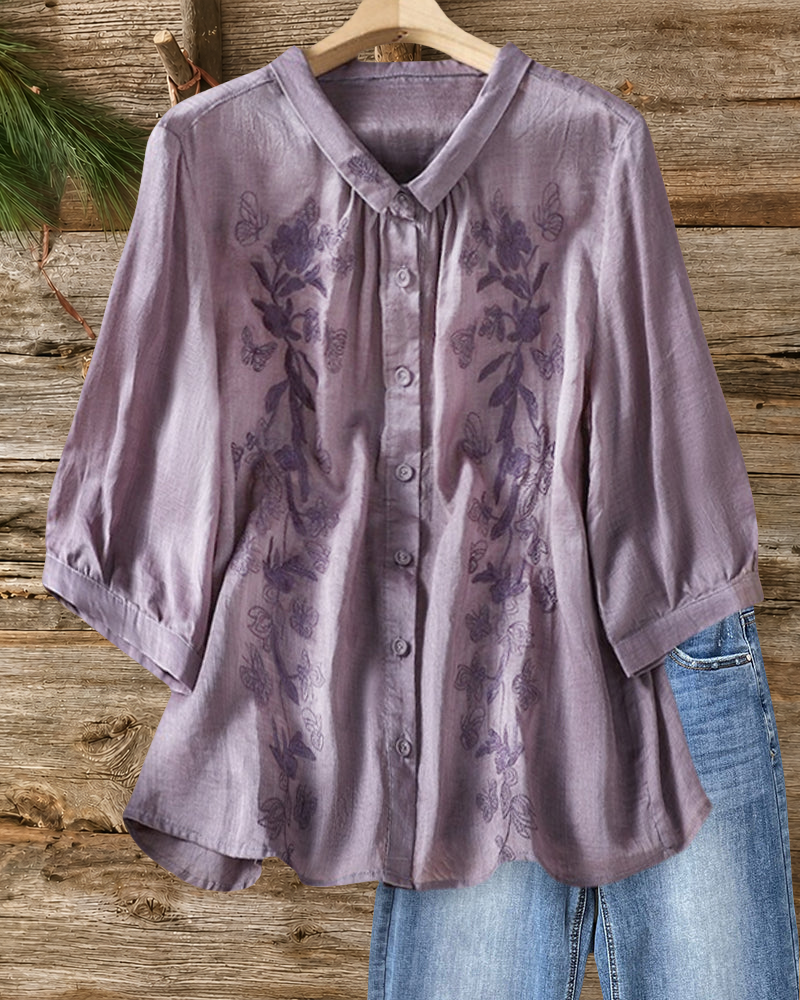 Embroidered Button 3/4 Sleeve Blouse