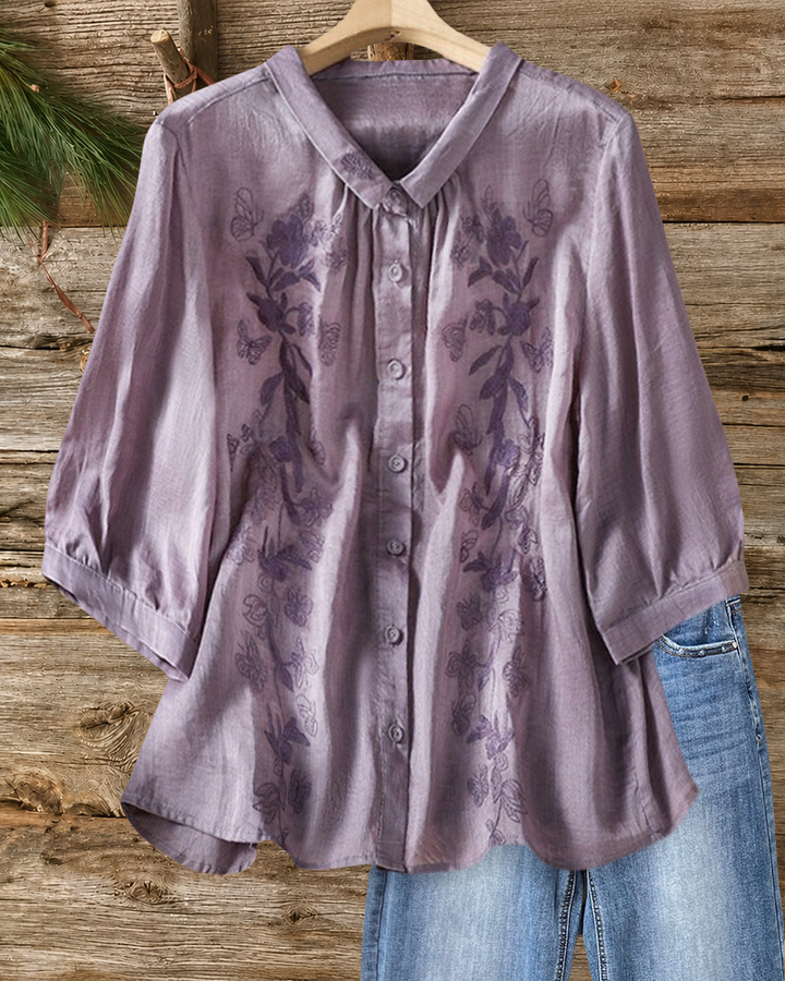 Embroidered Button 3/4 Sleeve Blouse