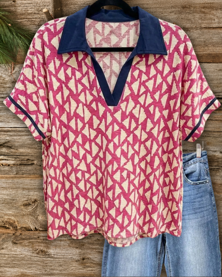 Geometric Print Lapel V-neck Blouse