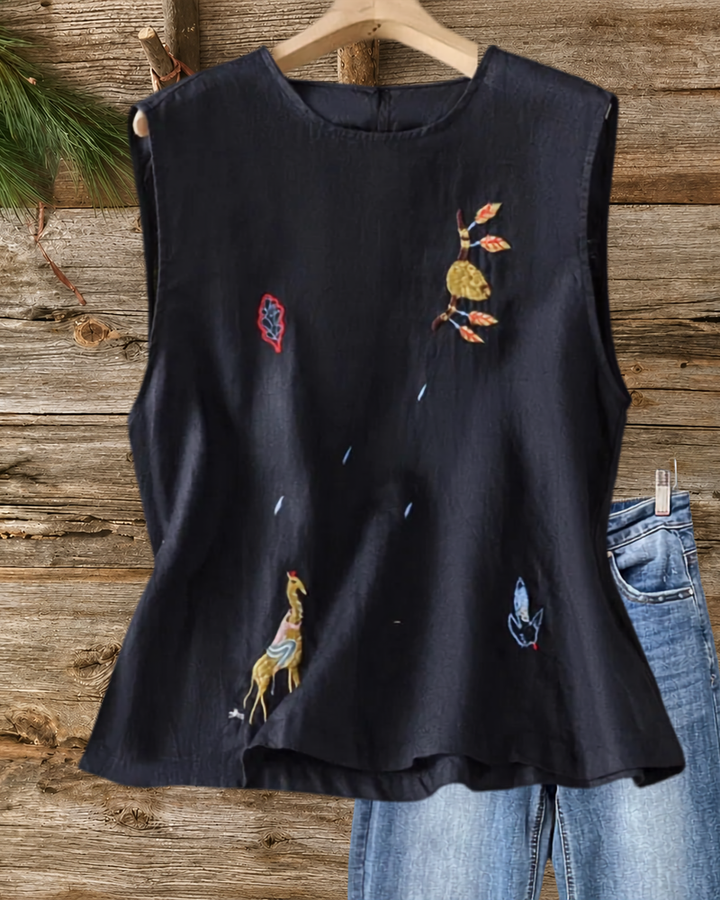Animal Embroidery Round Neck Tank Top