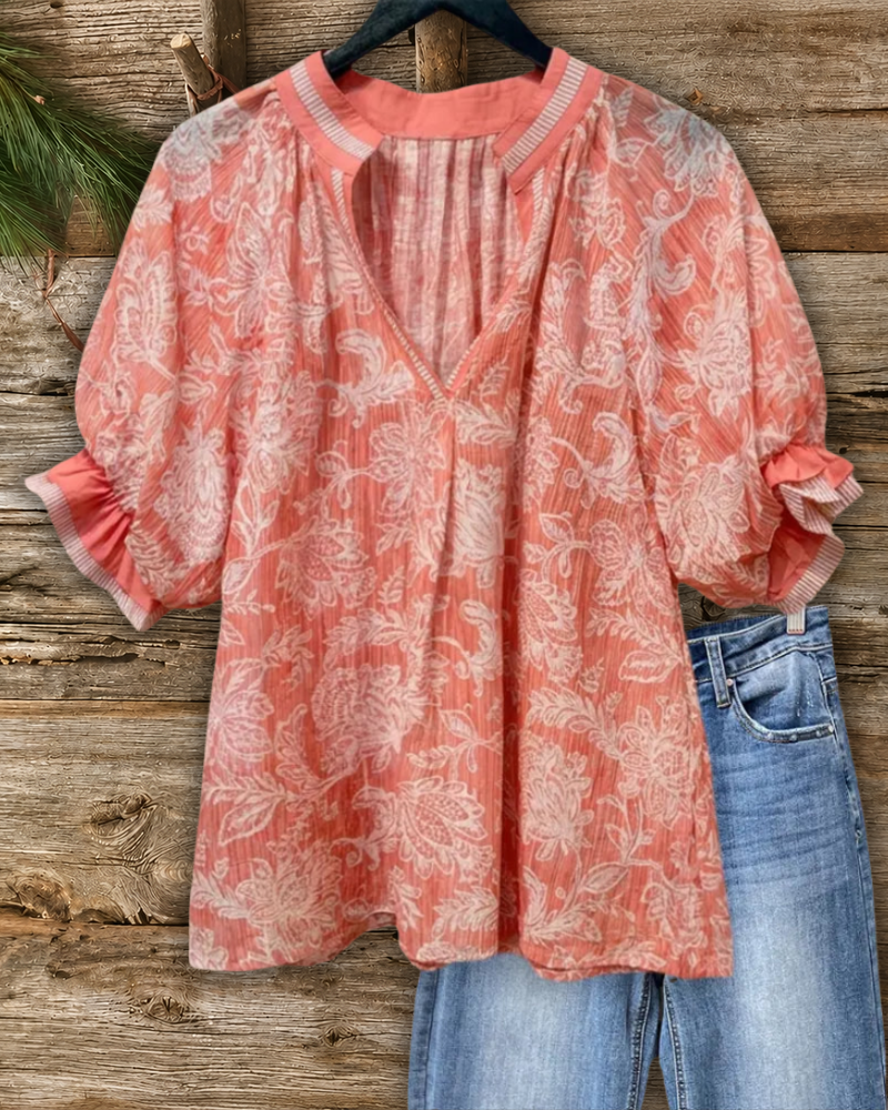 Floral Print V Neck Puff Sleeve Blouse