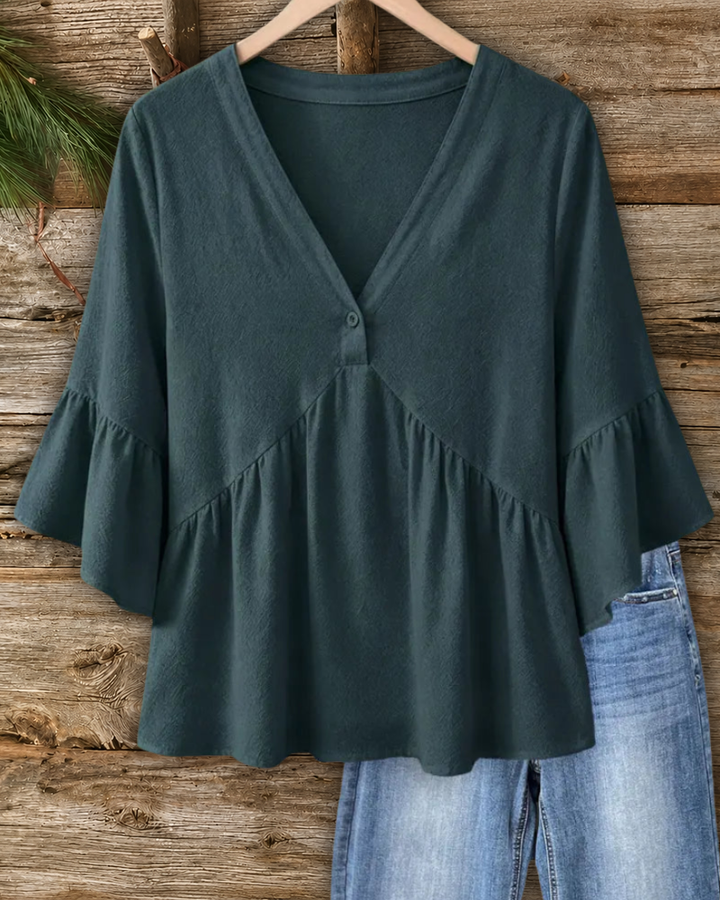 V Neck Flare Sleeve Peplum Blouse