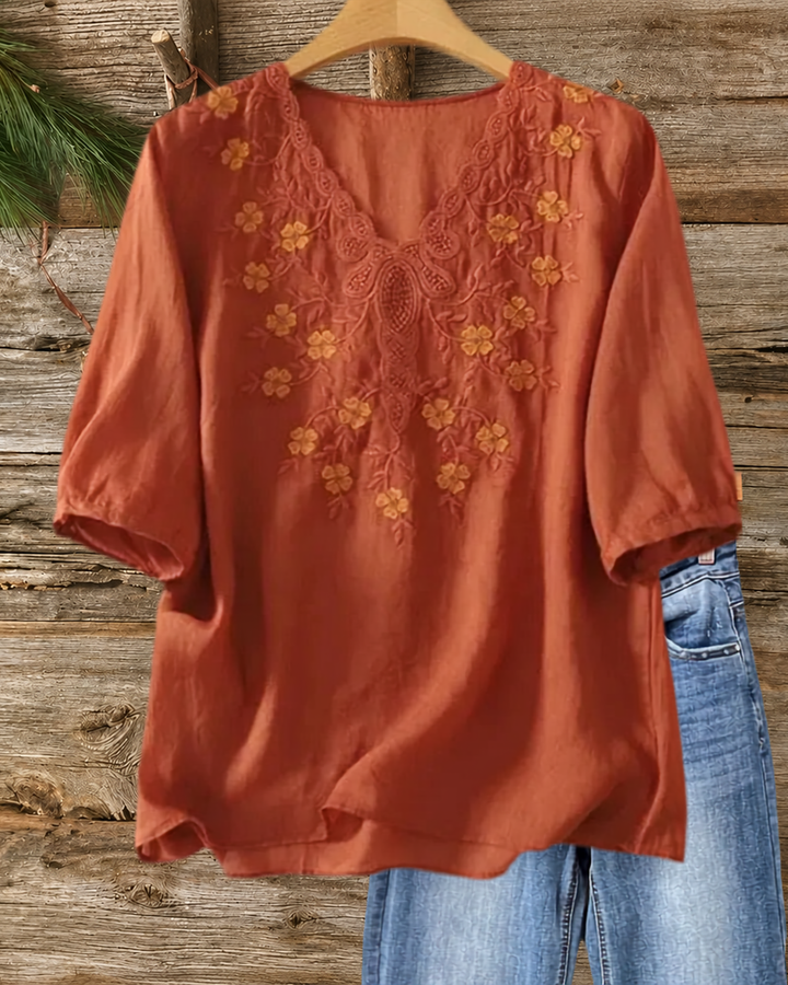 Floral Embroidered Half Sleeve Blouse