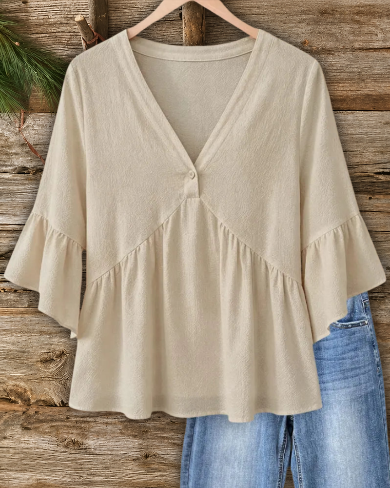 V Neck Flare Sleeve Peplum Blouse