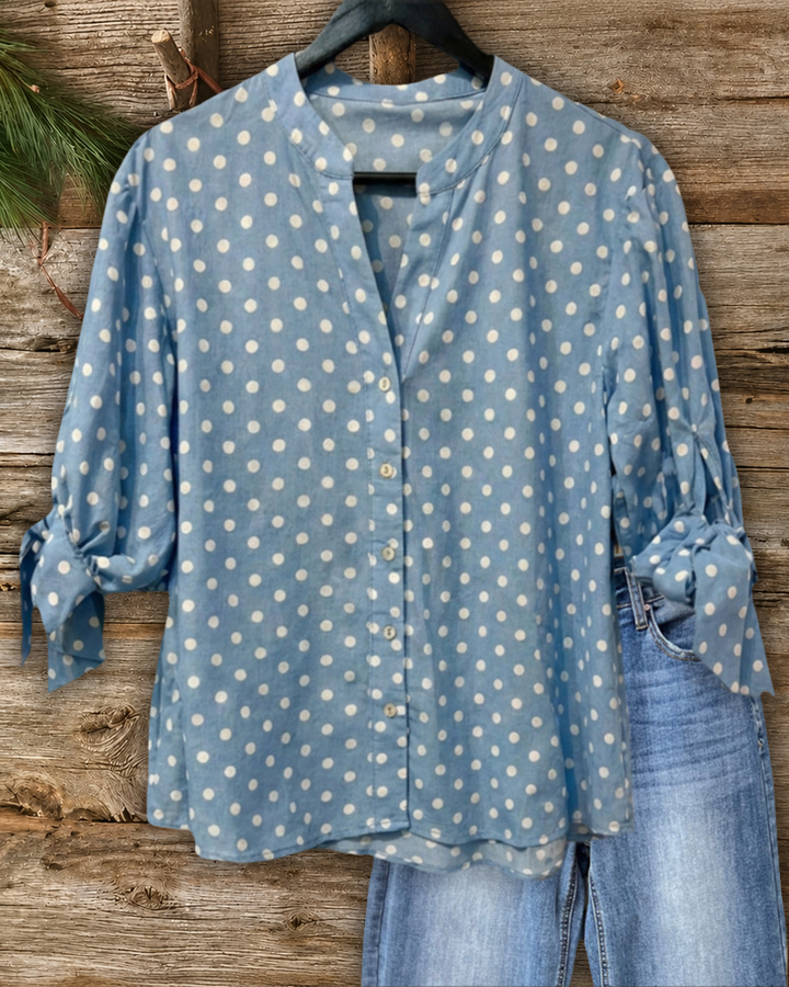 Polka Dot Tie Cuff V Neck Blouse