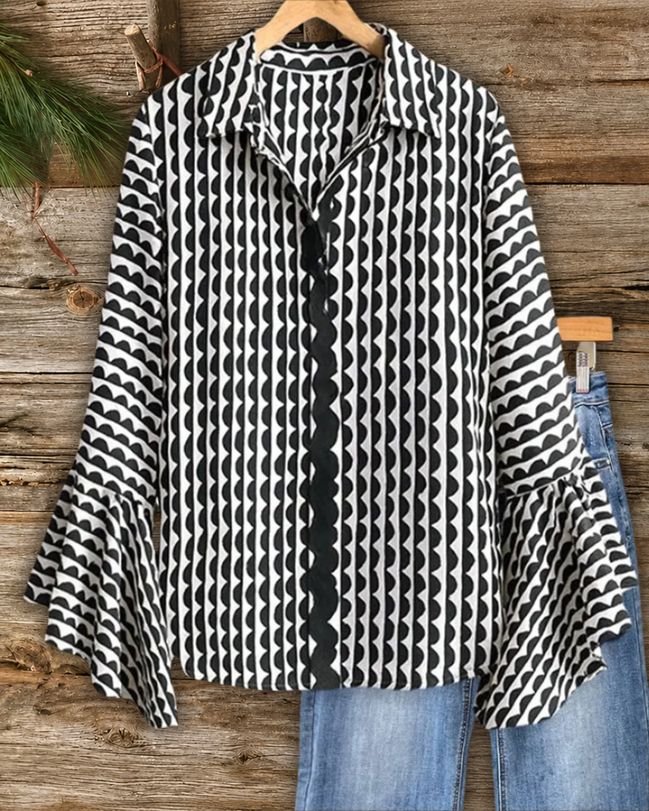 Geometric Bell Sleeve Button Blouse