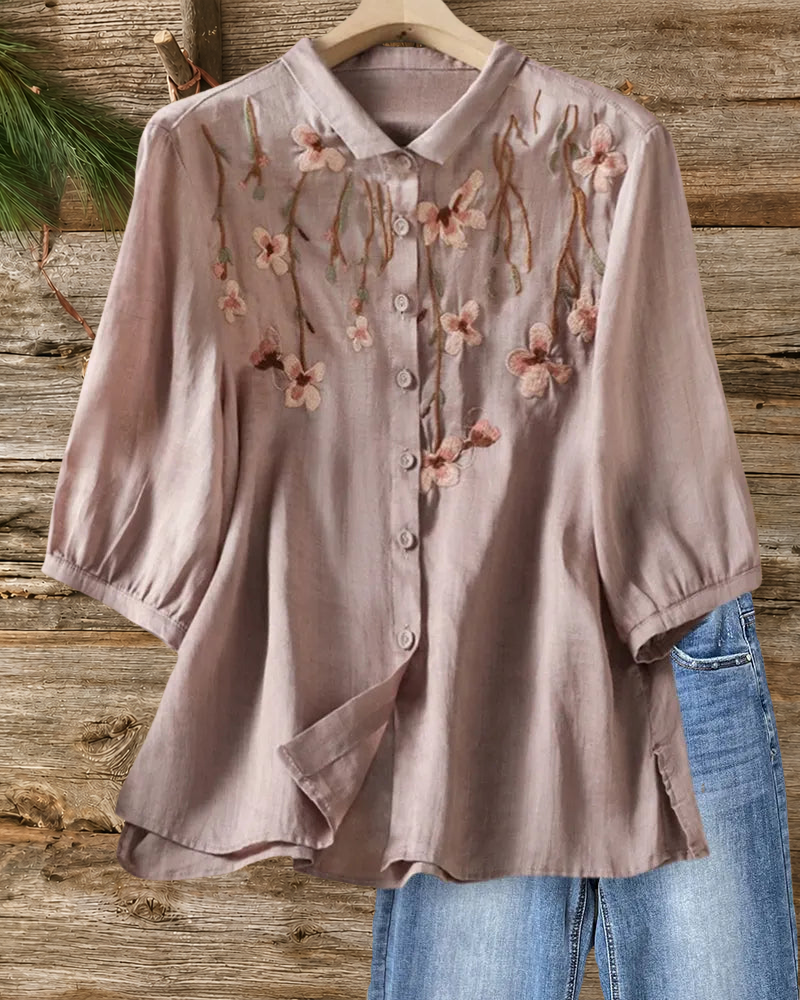 Floral Embroidered  Button Blouse