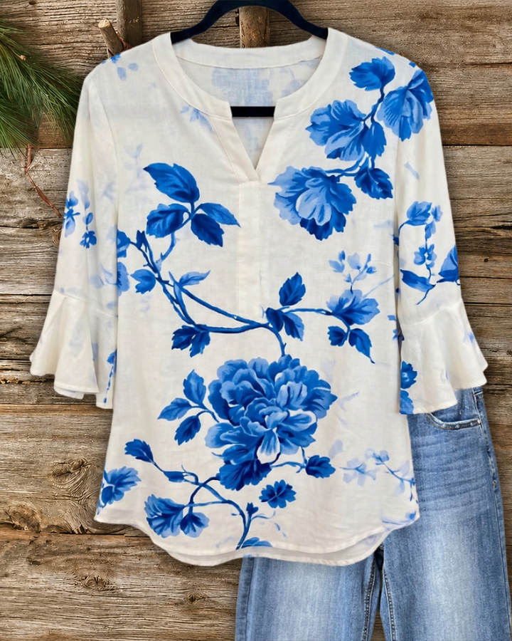 Floral Flare Sleeve V Neck Blouse
