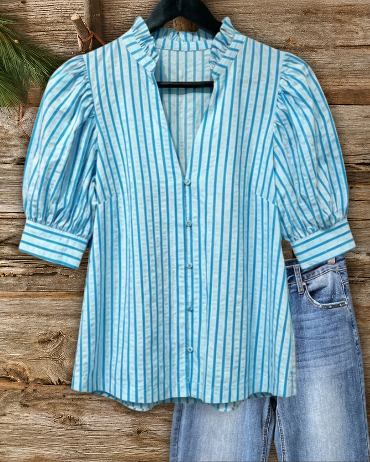 Ruffle Neck Puff Sleeve Striped Button Front Casual Blouse
