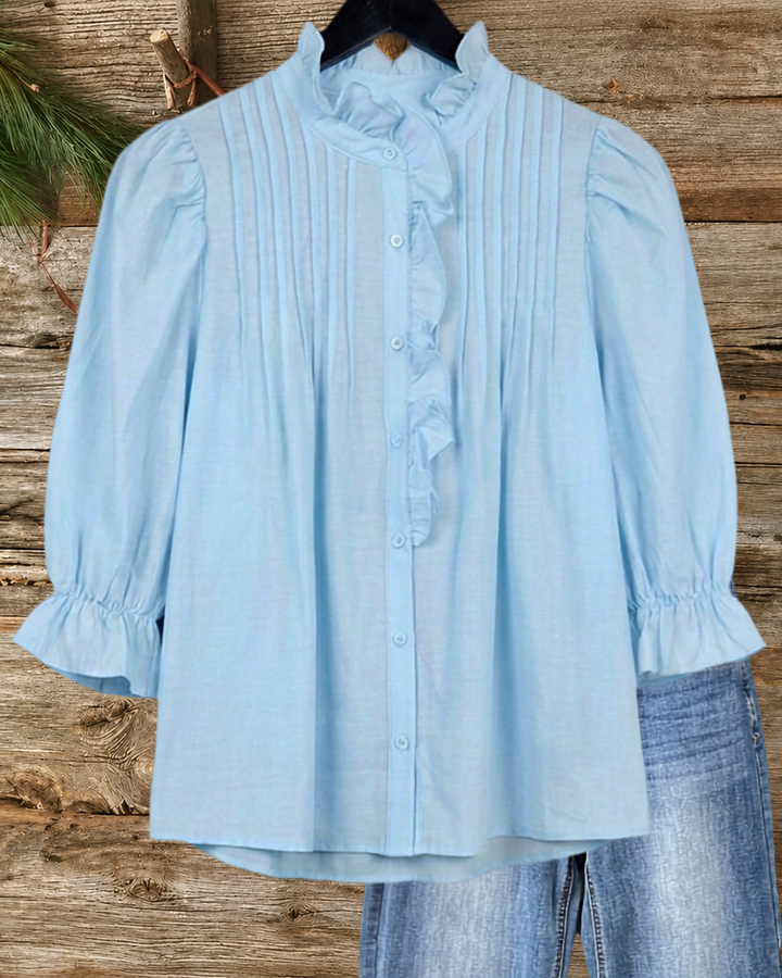 Ruffled Stand Collar Puff Sleeve Pintuck Button Front Blouse