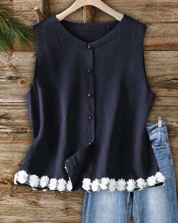 Sleeveless Button Front 3D Floral Trim Casual Tank Top