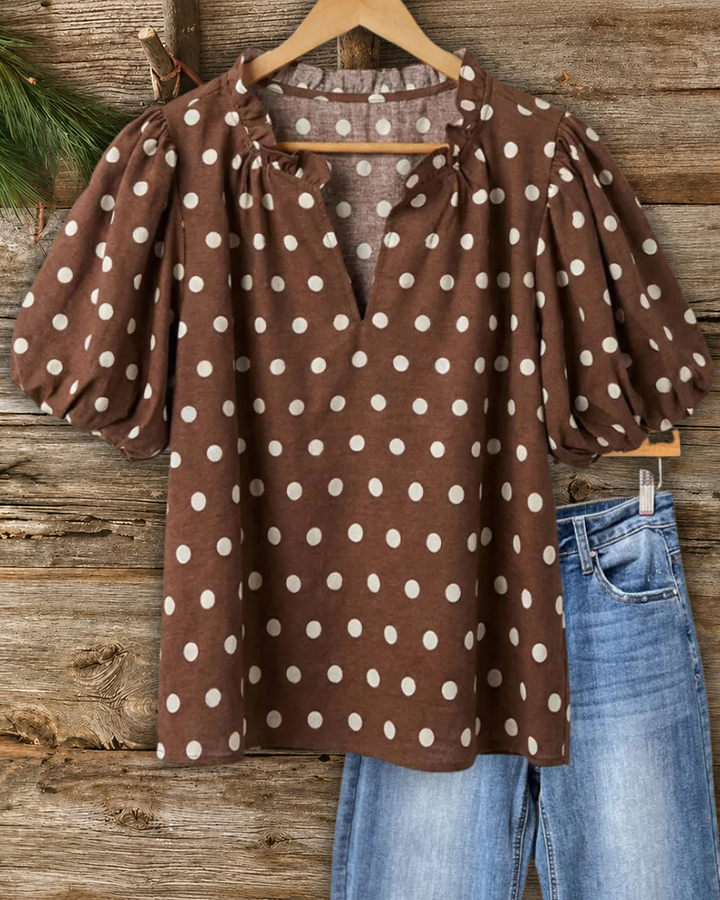 Ruffle Trim V Neck Puff Sleeve Polka Dot Versatile Blouse