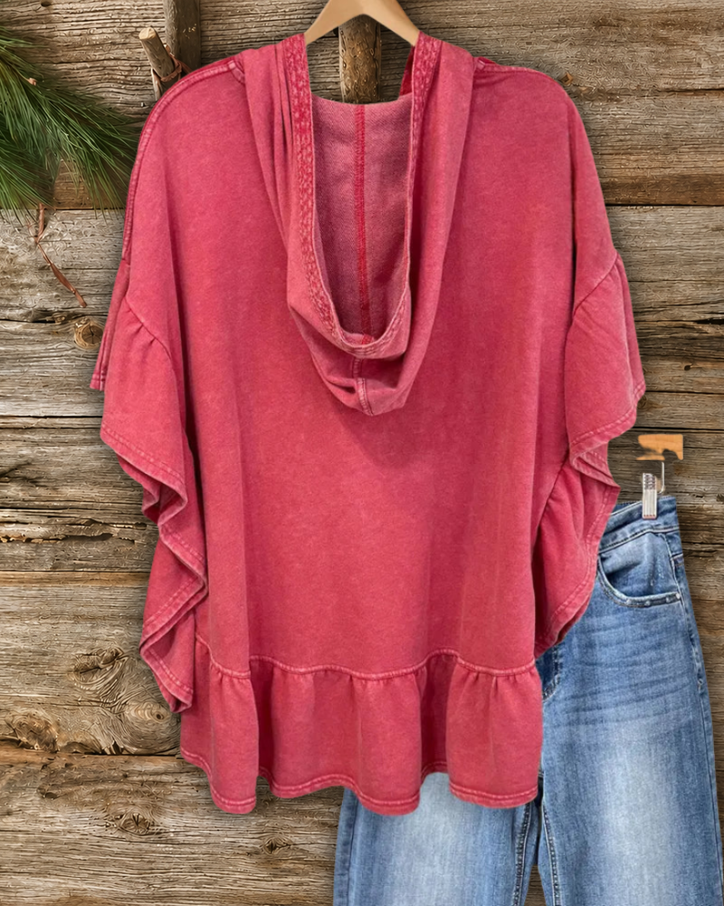 Hooded V Placket Ruffled Hem Short Sleeve Loose Top
