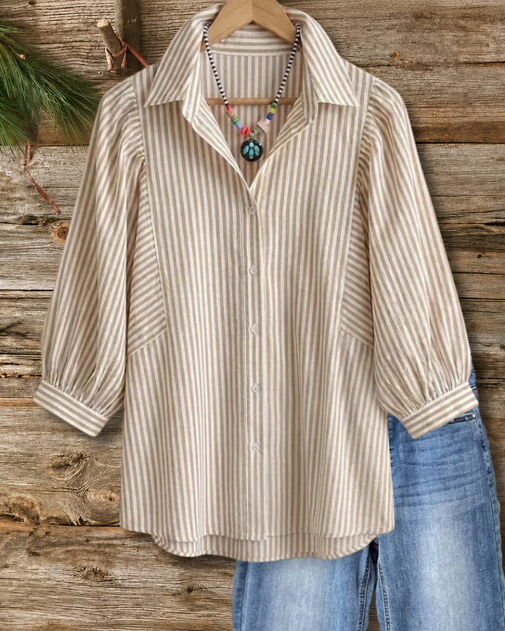 Ruched Shoulder Striped Collared Button Front 3/4 Sleeve Shirt
