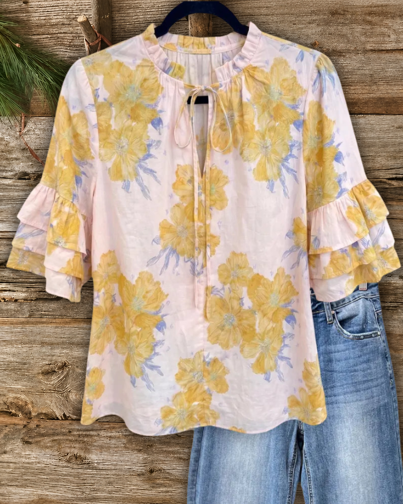Tie Neck Tiered Ruffle Sleeve Blouse