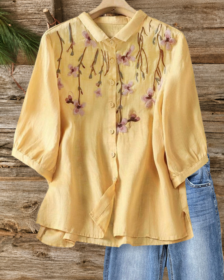 Floral Embroidered  Button Blouse