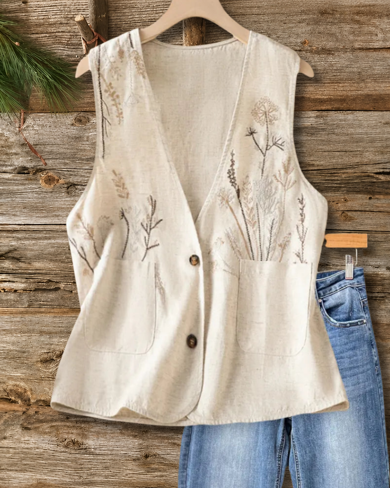 V Neck Button Front Botanical Embroidered Pocket Casual Vest