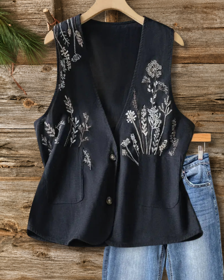 V Neck Button Front Botanical Embroidered Pocket Casual Vest
