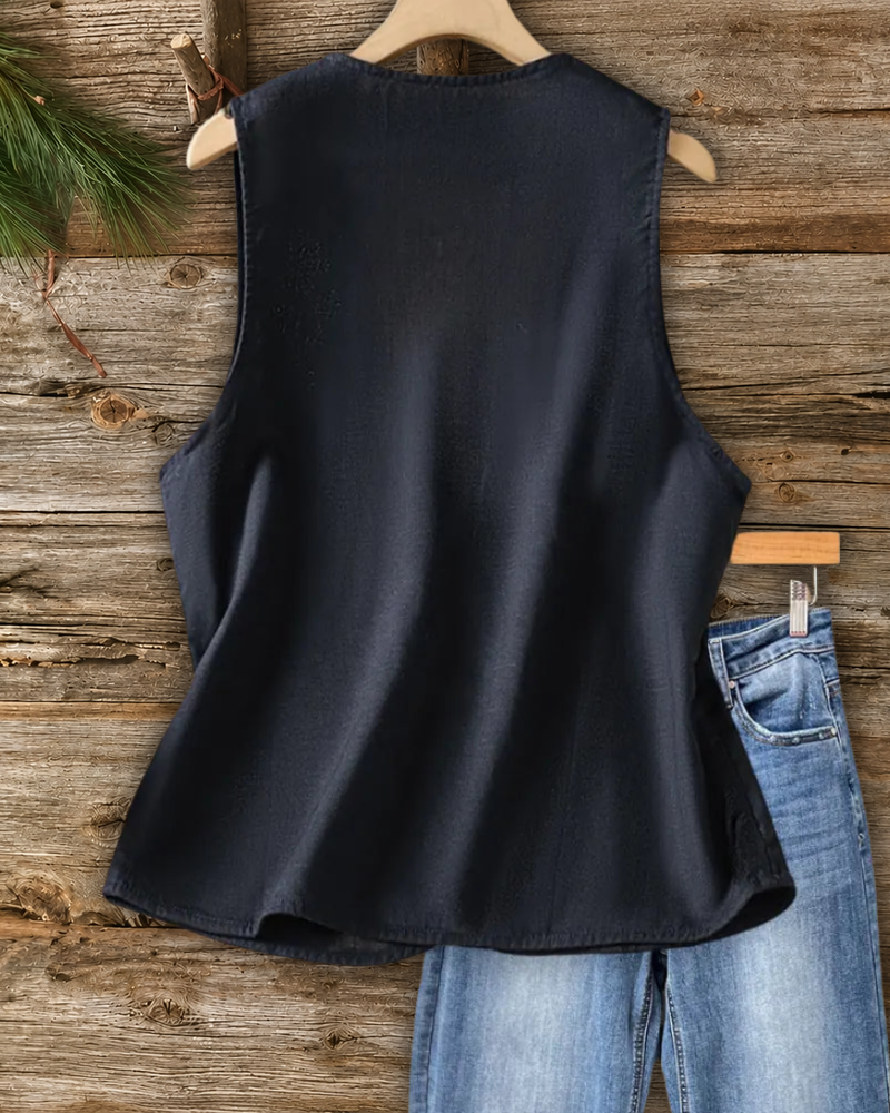 V Neck Button Front Botanical Embroidered Pocket Casual Vest