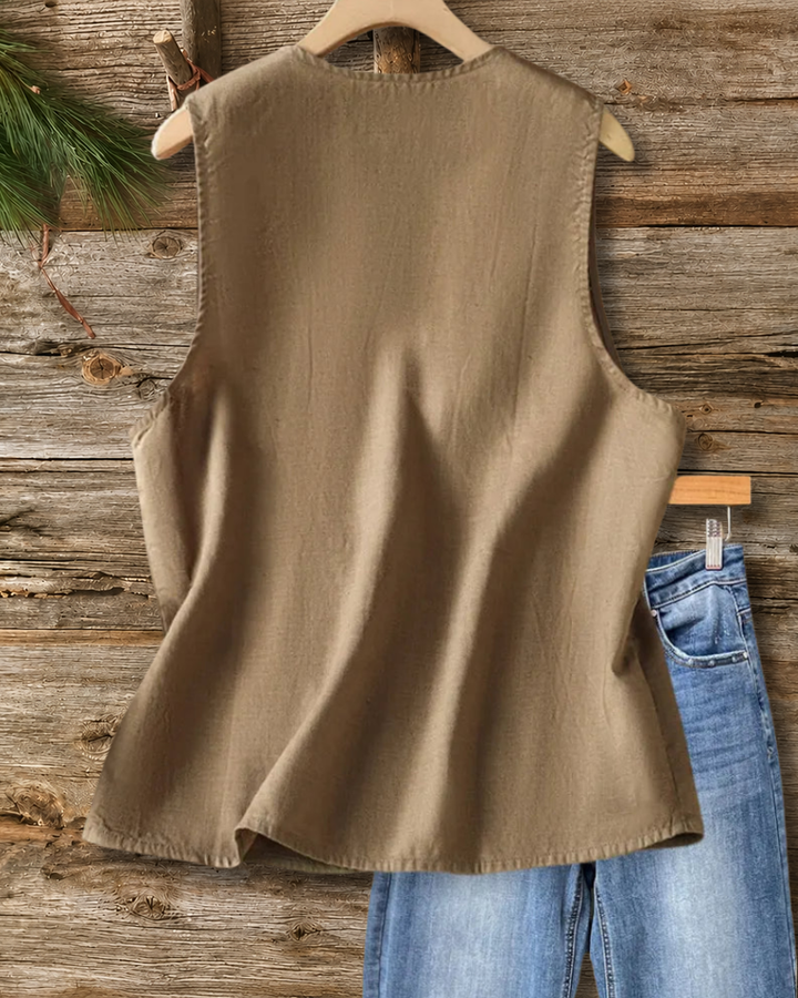 V Neck Button Front Botanical Embroidered Pocket Casual Vest
